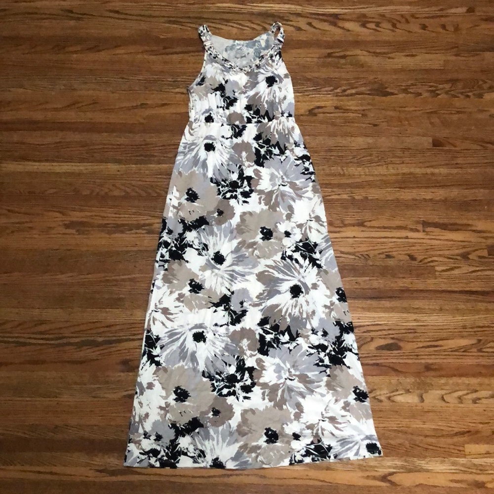 Tan, white, and black, floral pattern dress